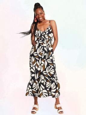 Tabitha Brown X Target  Leaf-Print Midi Dress in Black, White & Brown Size 1X